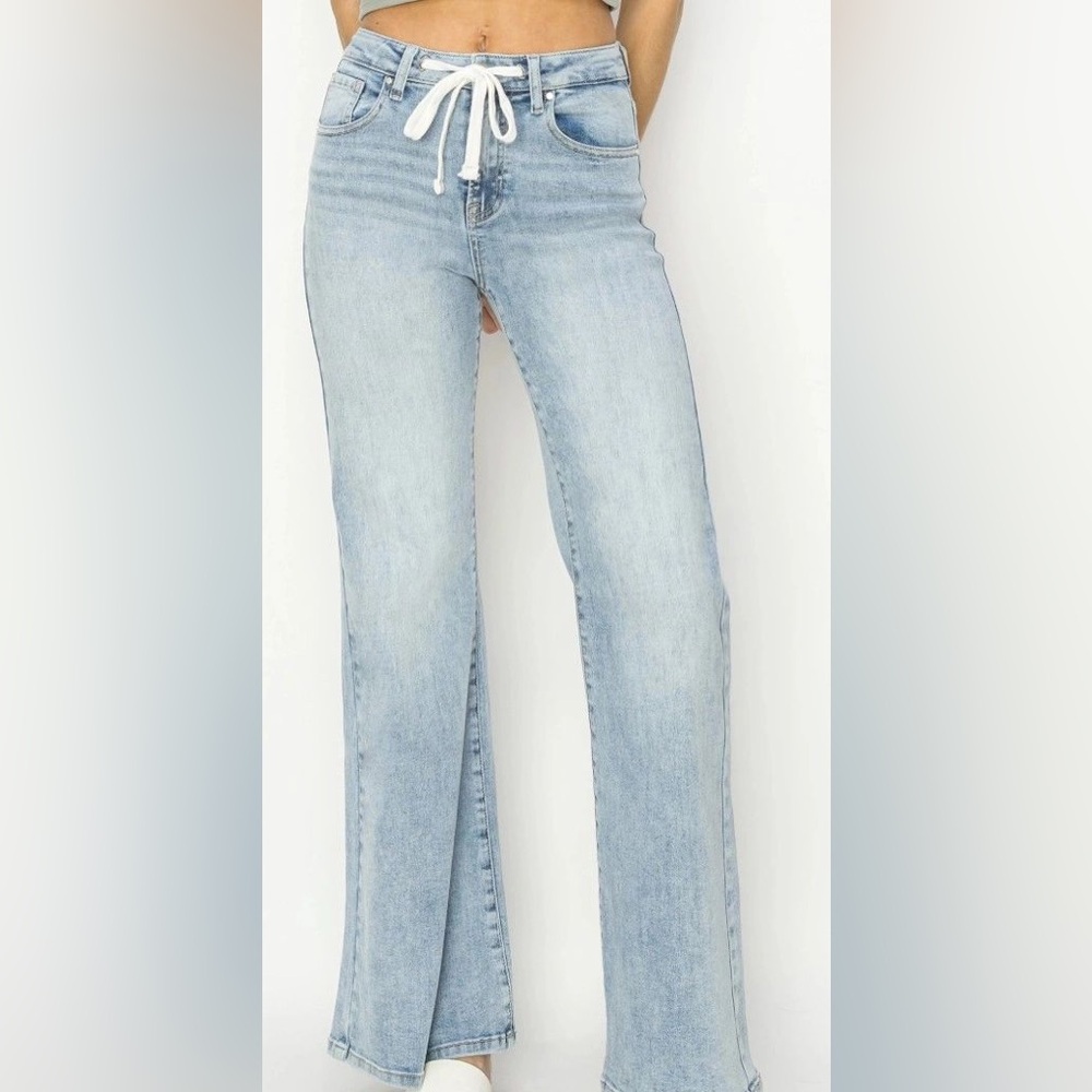 Light Wash Wide Leg Jeans with Drawstring Waist